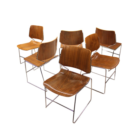 RARE Set of 6 Vintage Walnut Krueger Matrix Stacking Chairs
