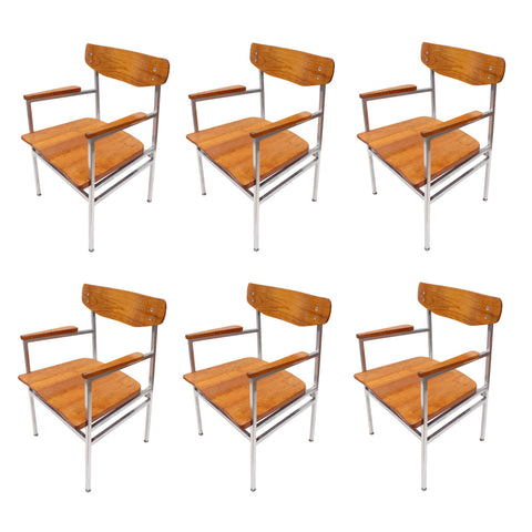 Rare Set of Six 1960s Mid-Century Modern Cherry and Chrome Dining Chairs