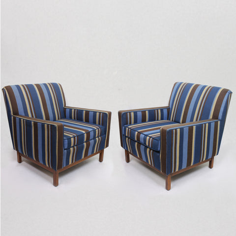 Spectacular Pair of Mid-Century Modern Blue Striped Lounge Chairs by Gunlocke