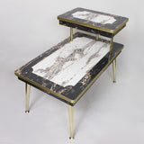 Pair of Matching Mid-Century Modern Black & White Faux-Marble & Brass End Tables