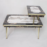 Pair of Matching Mid-Century Modern Black & White Faux-Marble & Brass End Tables